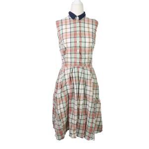 Eshakti cream red green plaid cotton midi shirt dress S